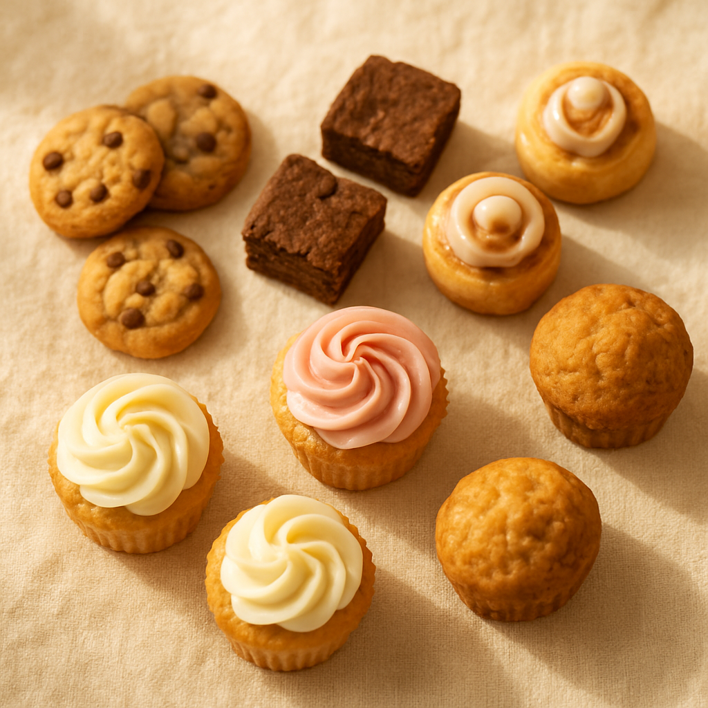 An assortment of tiny bakery treats including mini cookies, brownies, and cupcakes
